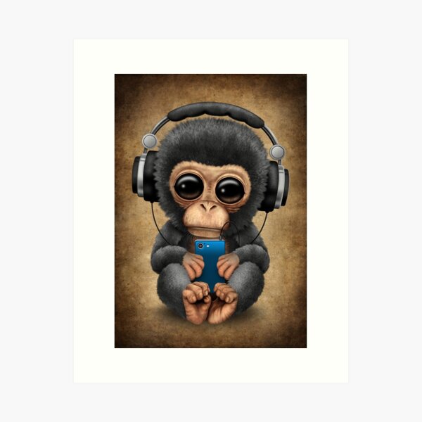 Baby Chimp Dj with Headphones and Cell Phone Art Print