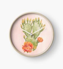 Cactus and Flowers on Blush Pink Background - Watercolour Painting Print by Magda Opoka Clock