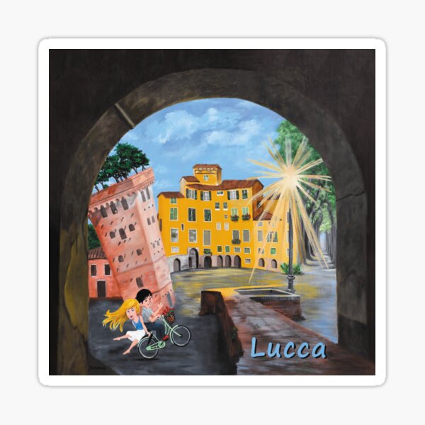 Postcard from Lucca Italy Young Couple Bicycle Painting Sticker
