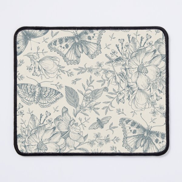 Item preview, blue and cream vintage pattern with butterflies and flowers designed and sold by Manitou Mercantile.