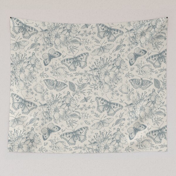 Item preview, blue and cream vintage pattern with butterflies and flowers designed and sold by Manitou Mercantile.