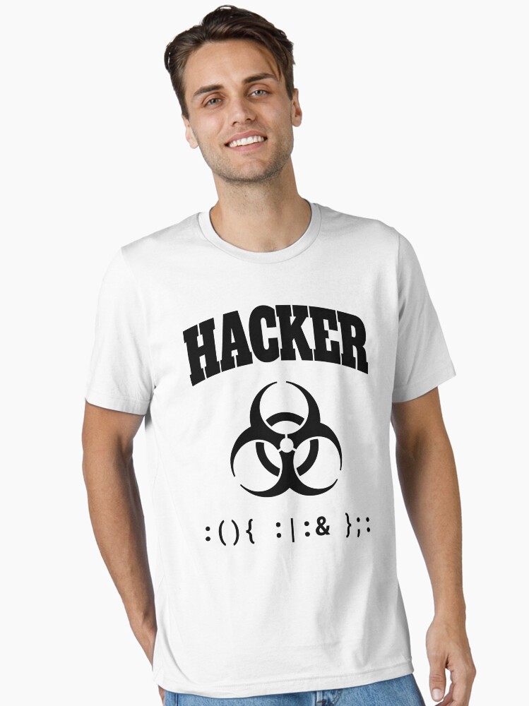 Thumbnail 1 of 7, Essential T-Shirt, Computer Hacker T-Shirt - Black Biohazard Sign & Bash Fork Bomb designed and sold by geeksta.