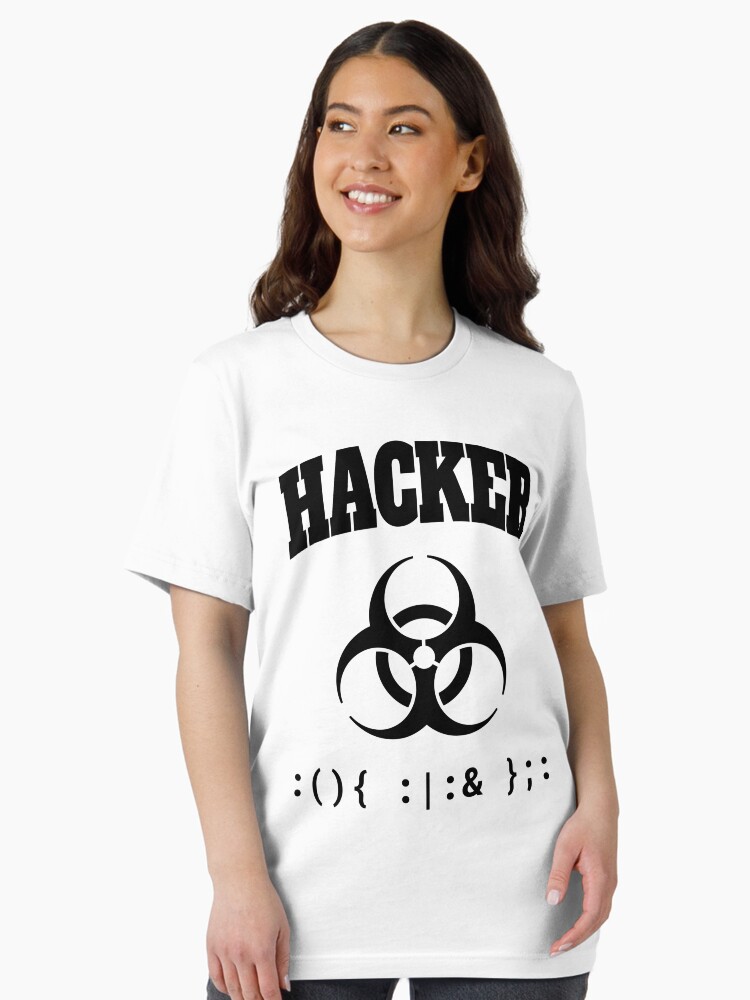 Thumbnail 2 of 7, Essential T-Shirt, Computer Hacker T-Shirt - Black Biohazard Sign & Bash Fork Bomb designed and sold by geeksta.