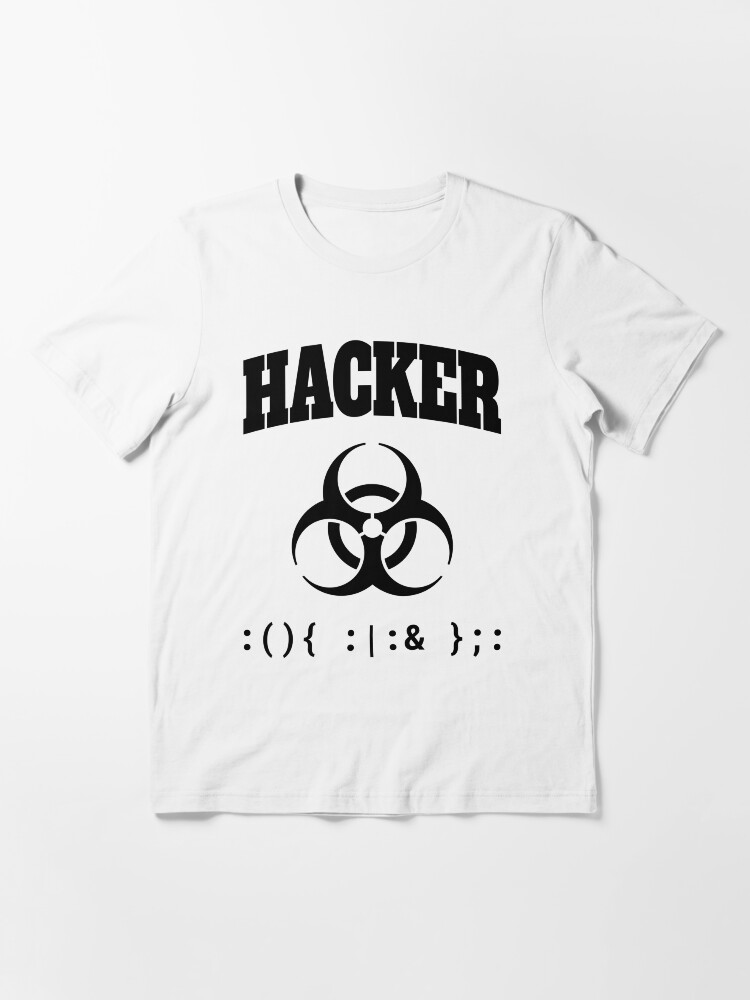 Thumbnail 3 of 7, Essential T-Shirt, Computer Hacker T-Shirt - Black Biohazard Sign & Bash Fork Bomb designed and sold by geeksta.