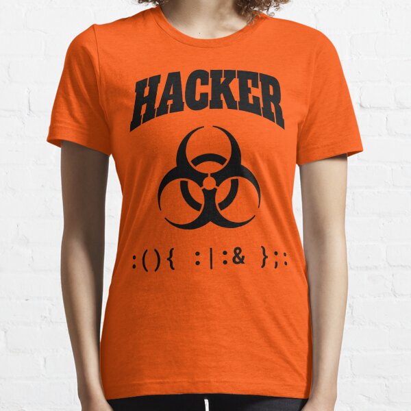 Computer Hacker T-Shirt - Black Biohazard Sign & Bash Fork Bomb Essential T-Shirt