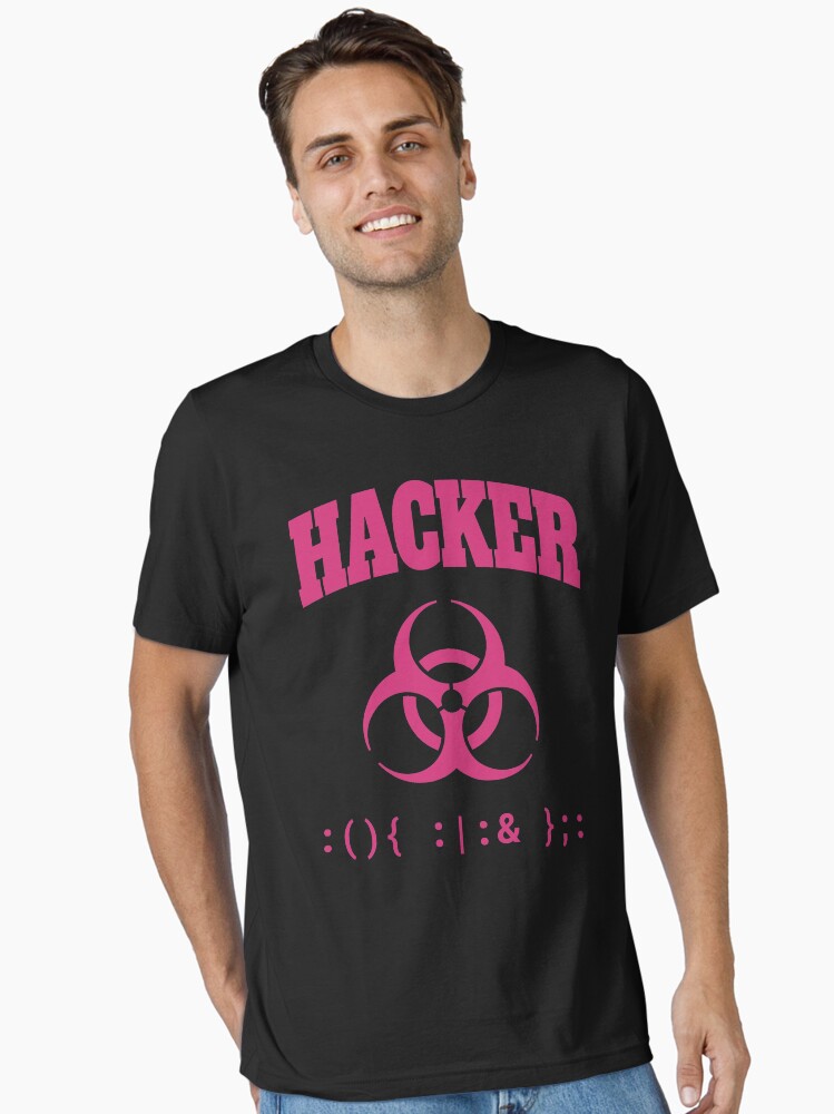 Thumbnail 2 of 7, Essential T-Shirt, Computer Hacker T-Shirt - Pink Biohazard Sign & Bash Fork Bomb designed and sold by geeksta.