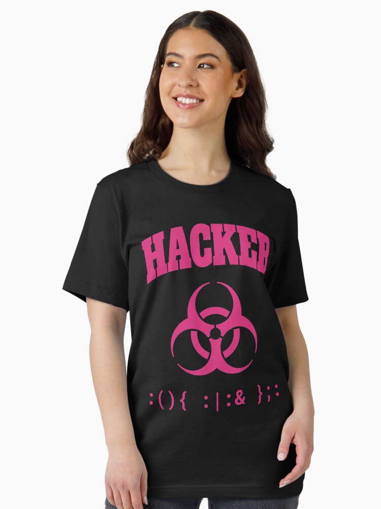 Thumbnail 1 of 7, Essential T-Shirt, Computer Hacker T-Shirt - Pink Biohazard Sign & Bash Fork Bomb designed and sold by geeksta.