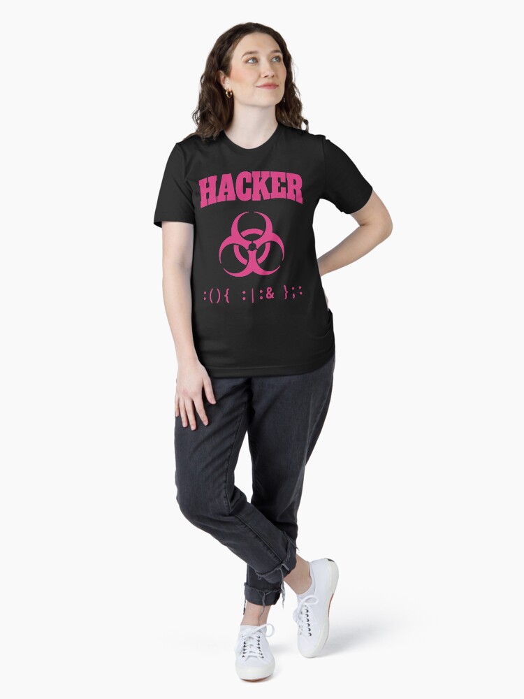 Thumbnail 4 of 7, Essential T-Shirt, Computer Hacker T-Shirt - Pink Biohazard Sign & Bash Fork Bomb designed and sold by geeksta.