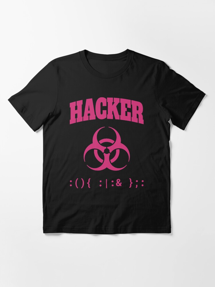 Thumbnail 3 of 7, Essential T-Shirt, Computer Hacker T-Shirt - Pink Biohazard Sign & Bash Fork Bomb designed and sold by geeksta.