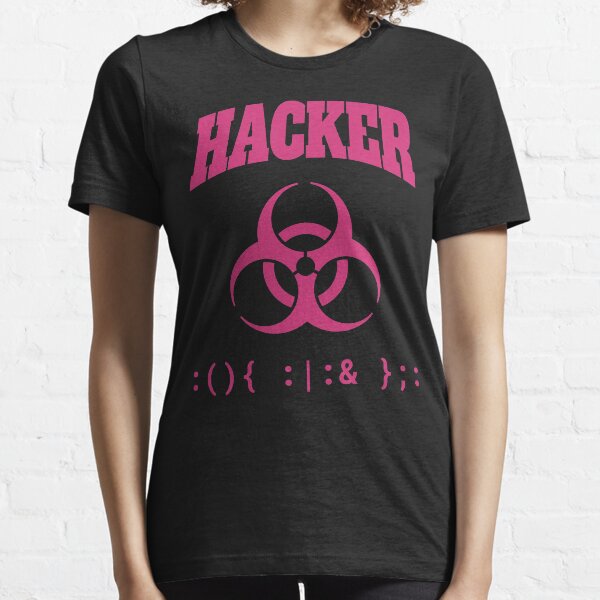 Item preview, Computer Hacker T-Shirt - Pink Biohazard Sign & Bash Fork Bomb designed and sold by geeksta.