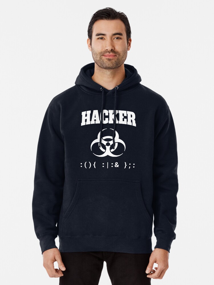 Thumbnail 1 of 5, Pullover Hoodie, Computer Hacker T-Shirt - White Biohazard Sign & Bash Fork Bomb designed and sold by geeksta.