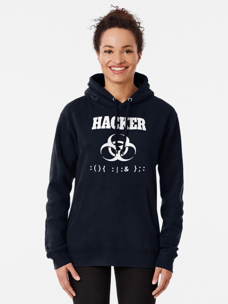 Thumbnail 2 of 5, Pullover Hoodie, Computer Hacker T-Shirt - White Biohazard Sign & Bash Fork Bomb designed and sold by geeksta.