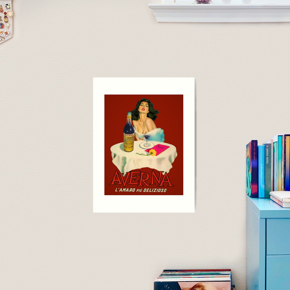 Vintage Italian liqueur Averna Amaro Sicilia aperitif alcoholic bevarage  advertising brunette sitting at cafe table advertisement poster / posters  for kitchen and dining room wall decor in rare red Art Print for