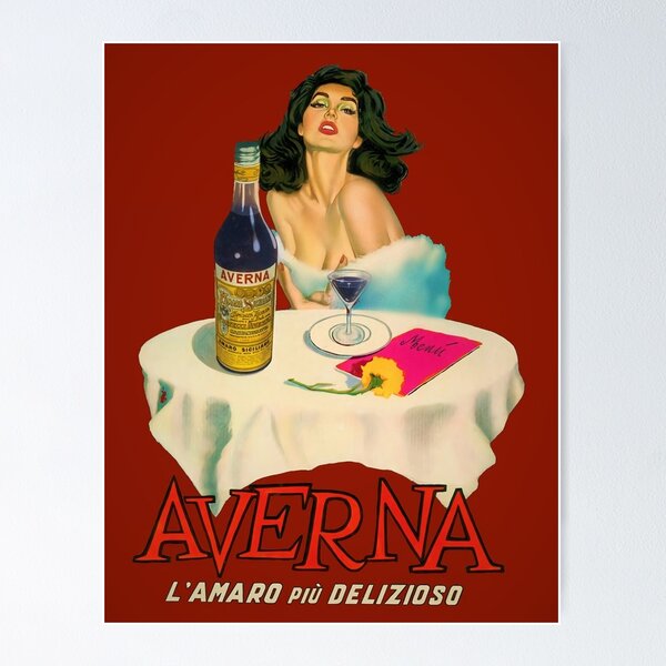 Artikel-Vorschau von Vintage italienischer Likör Averna Amaro Sicilia Aperitif alkoholisches Getränk Werbung Brünette sitzt am Café-Tisch Werbeplakat / Poster für Küche und Esszimmer Wanddekoration in seltenem Rot, designt und verkauft von Jéanpaul  Ferro.
