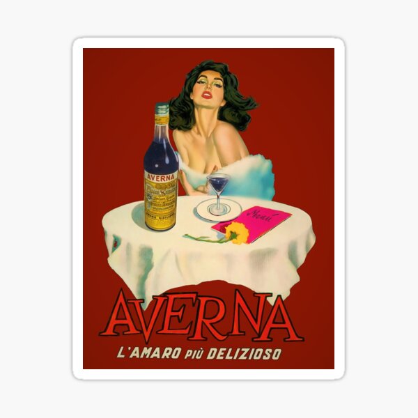 Item preview, Vintage Italian liqueur Averna Amaro Sicilia aperitif alcoholic bevarage advertising brunette sitting at cafe table advertisement poster / posters for kitchen and dining room wall decor in rare red designed and sold by Jéanpaul  Ferro.