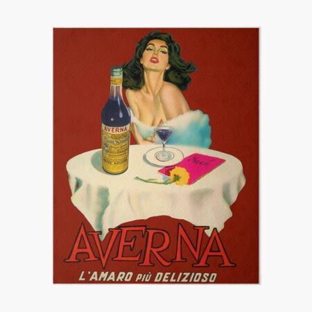 Artikel-Vorschau von Vintage italienischer Likör Averna Amaro Sicilia Aperitif alkoholisches Getränk Werbung Brünette sitzt am Café-Tisch Werbeplakat / Poster für Küche und Esszimmer Wanddekoration in seltenem Rot, designt und verkauft von Jéanpaul  Ferro.