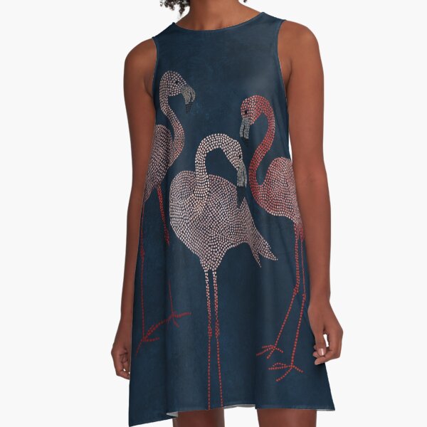 Three pink flamingos on navy blue A-Line Dress
