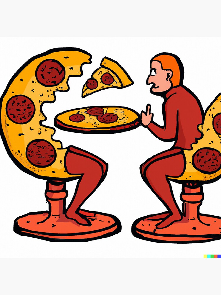 "A Pepperoni pizza eating pepperoni pizza talking to a man sitting on a