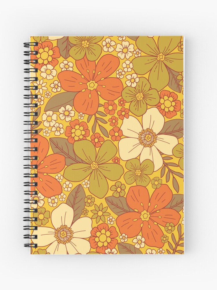 Retro 60s/70s Orange & Olive Green Floral Spiral Notebook for