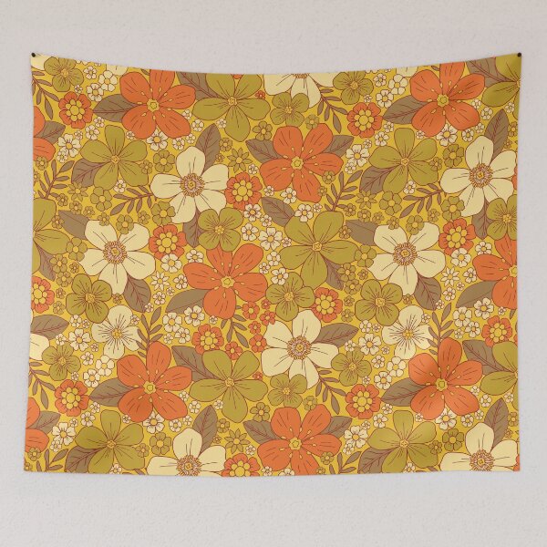Item preview, Retro 60s/70s Orange & Olive Green Floral designed and sold by somecallmebeth.