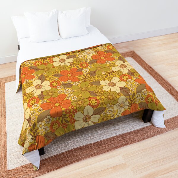 Retro 60s/70s Orange & Olive Green Floral Comforter for Sale by  somecallmebeth