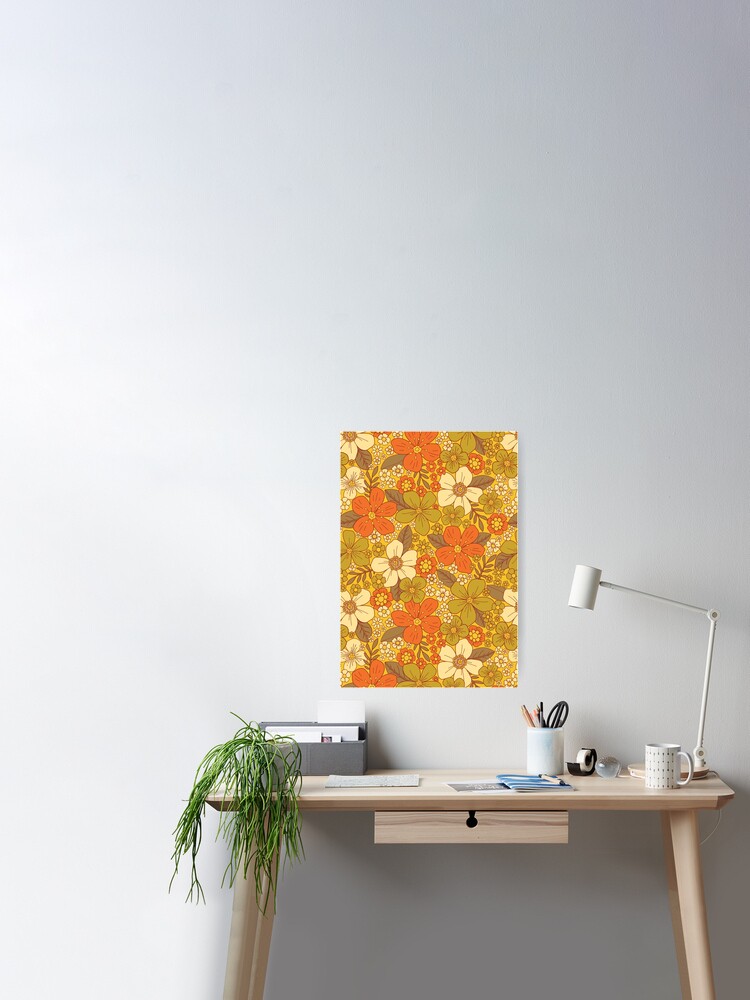 Retro 60s/70s Orange & Olive Green Floral Poster for Sale by