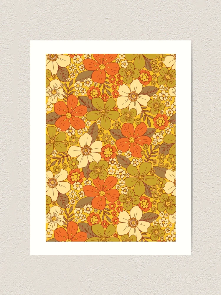 油絵アート（orange flower） Retro 60s/70s Orange & Olive Green Floral