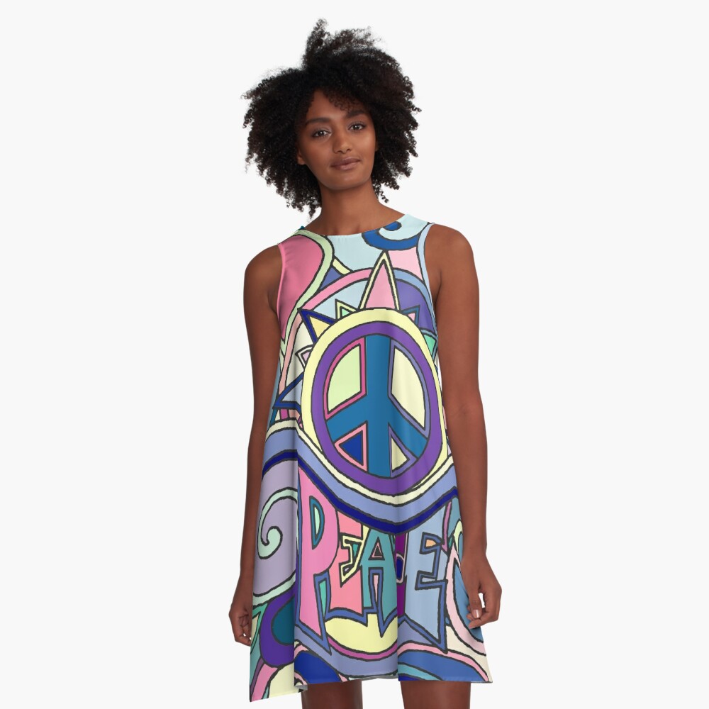 Psychedelic Hippy Retro Peace Art Blue A-Line Dress