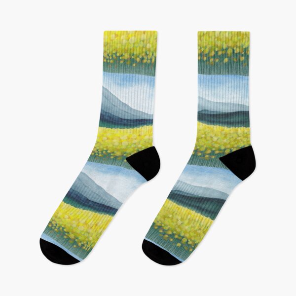 Item preview, Silhouettes of mountains and bright yellow flowers designed and sold by IrinaIkar.