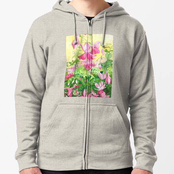 Pink Fuchsia Flowers Original watercolour painting Zipped Hoodie