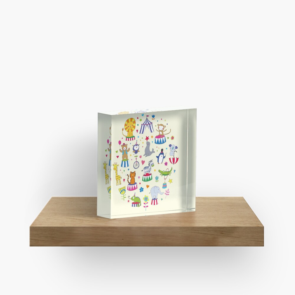 Circus Animal Alphabet - multicoloured on cream - Cute animal pattern by Cecca Designs Acrylic Block