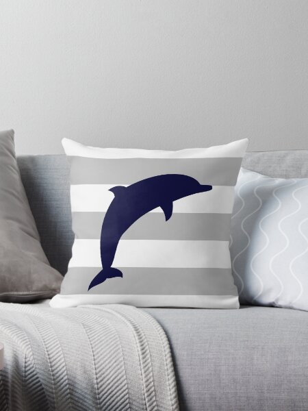 Item preview, Navy Blue Jumping Dolphin On Silver Gray Stripes designed and sold by rewstudio.