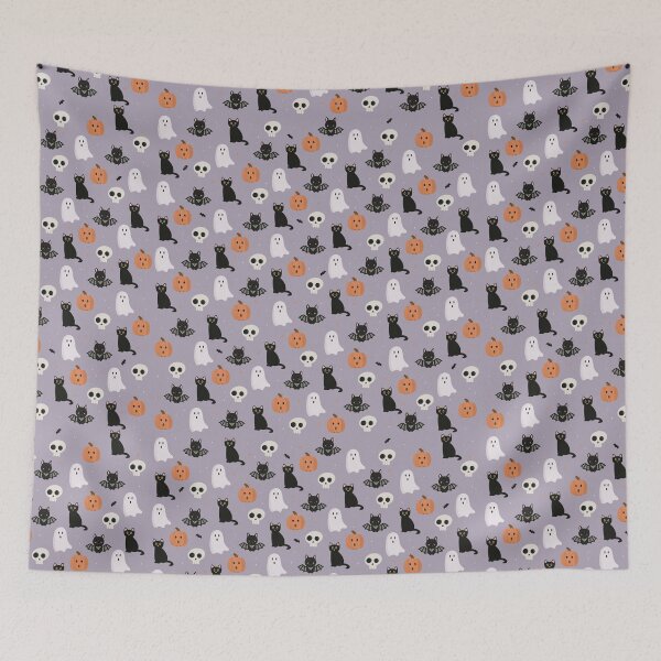 Item preview, Halloween pattern - cat, pumpkin, bat, ghost and skull - purple background  designed and sold by madamemorgane.