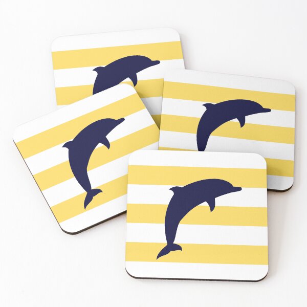 Item preview, Navy Blue Jumping Dolphin On Mustard Yellow Stripes designed and sold by rewstudio.