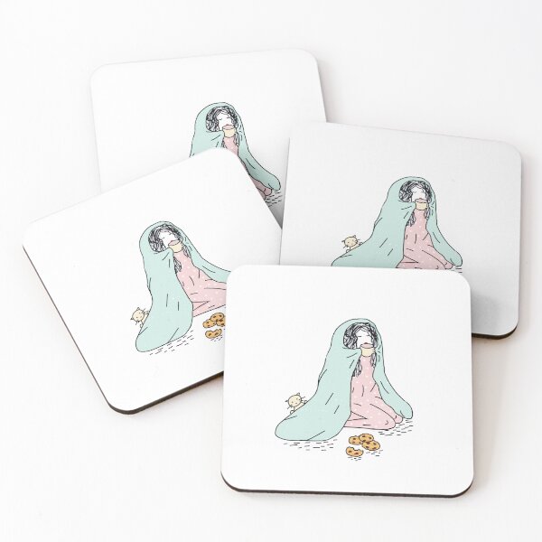 Item preview, Cute Sketch of little Girl Drinking coffee with Biscuits and Her Kitten designed and sold by MoStorish.
