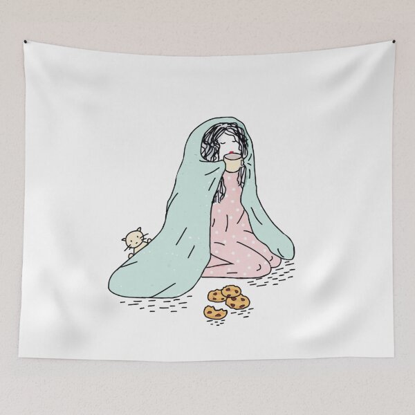 Item preview, Cute Sketch of little Girl Drinking coffee with Biscuits and Her Kitten designed and sold by MoStorish.
