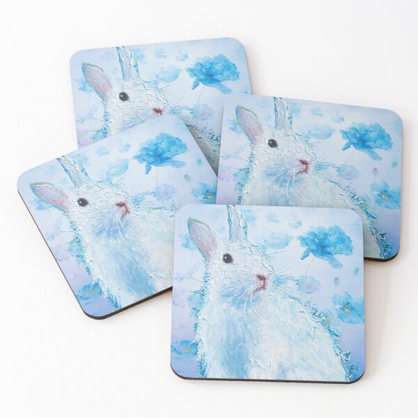 Item preview, White rabbit on blue poppies background designed and sold by MatsonArtDesign.