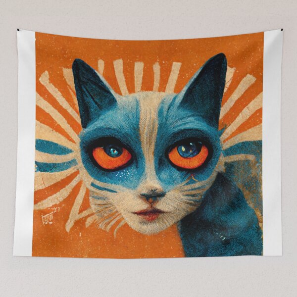 Item preview, Blue Cat Orange with Large Deep Orange Eyes Distressed Grunge designed and sold by Weirdarto.