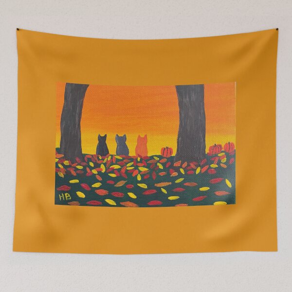 Item preview, Three cats with pumpkins and fall leaves designed and sold by catladyjoy.