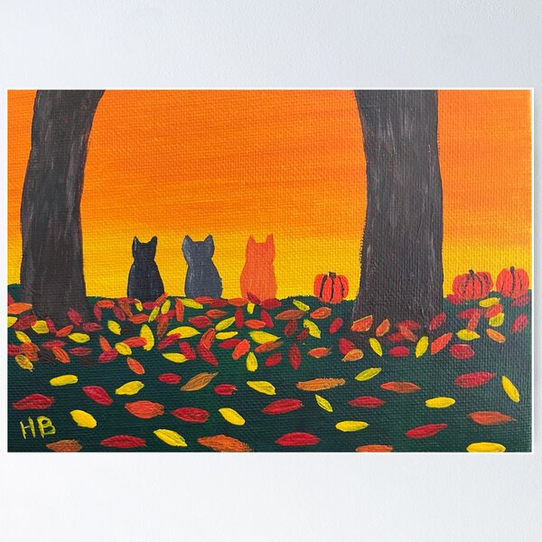 Three cats with pumpkins and fall leaves Poster