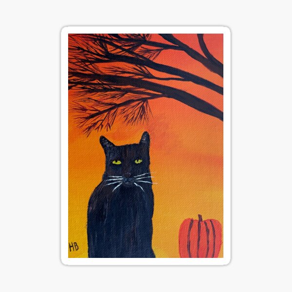 Black cat with a pumpkin under a tree Sticker