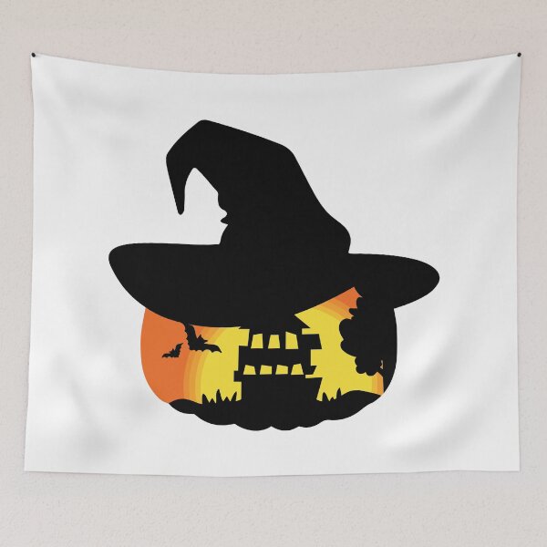 Item preview, Arte de Halloween con la silueta de una casa embrujada, un árbol y murciélagos dentro del contorno de una calabaza con sombrero negro designed and sold by SuvethaSukumar.