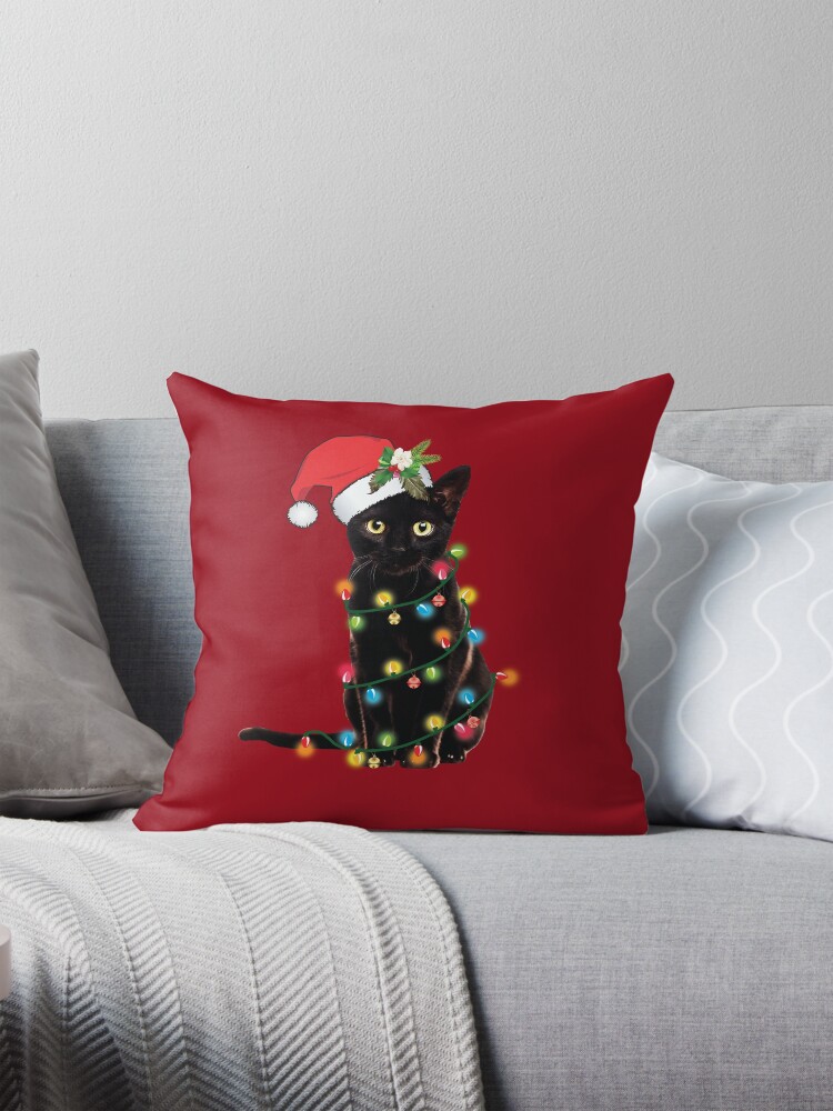 Santa Black Cat Tangled Up In Christmas Tree Lights Holiday Pillow for Sale by tronictees Redbubble