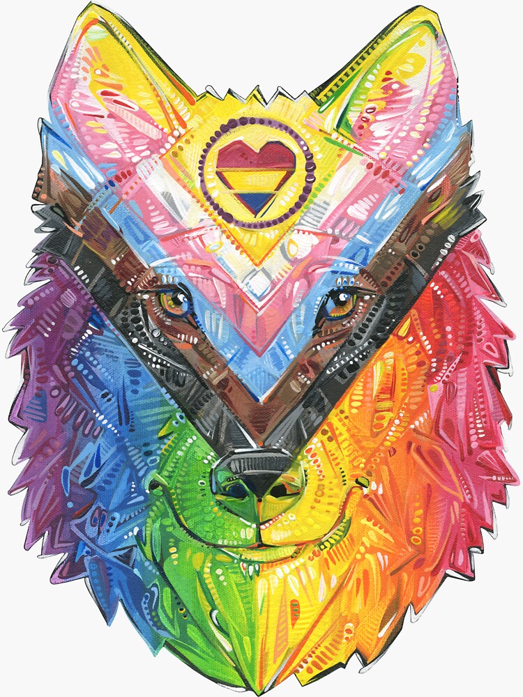 Thumbnail 3 of 3, Sticker, Progress Pride Wolf designed and sold by gwennpaints.