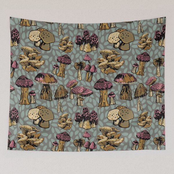 Item preview, MUSHROOMS GALORE IN FUNKY PINK AND BROWNS ON A CHARCOAL BACKGROUND 2022 designed and sold by ArtsyanaFlorida.