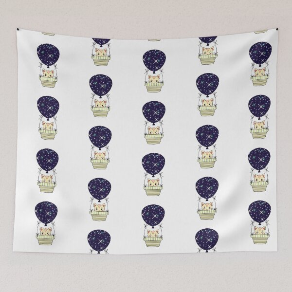 Item preview, Cute Kitty Hot-Air Dark Blue Balloon Doodle designed and sold by Missing In Art.