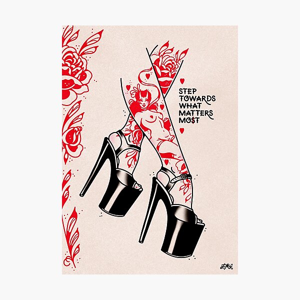Item preview, Pleaser Stripper Heels Pin Up Roses Step Towards Vintage Romance Traditional Tattoo Flash Style Print by Ella Mobbs Creep Heart designed and sold by Ella Mobbs.