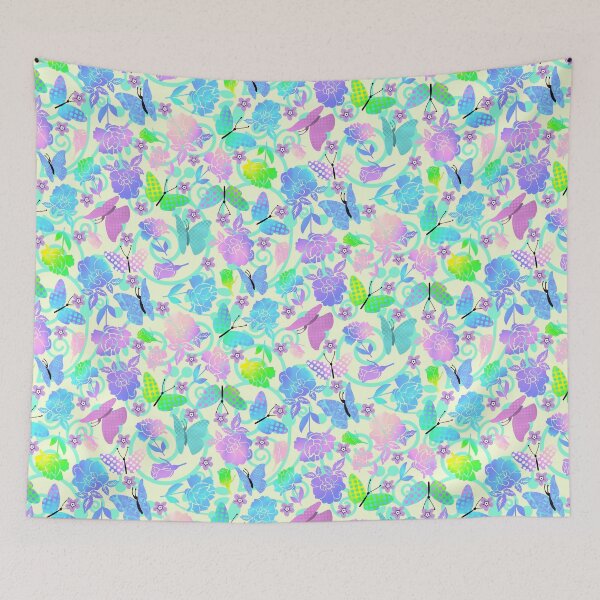 Item preview, Butterflies and Flowers Cyan Swirls on Buttercream Half-Drop Repeat 5748 designed and sold by Art in My Loft.