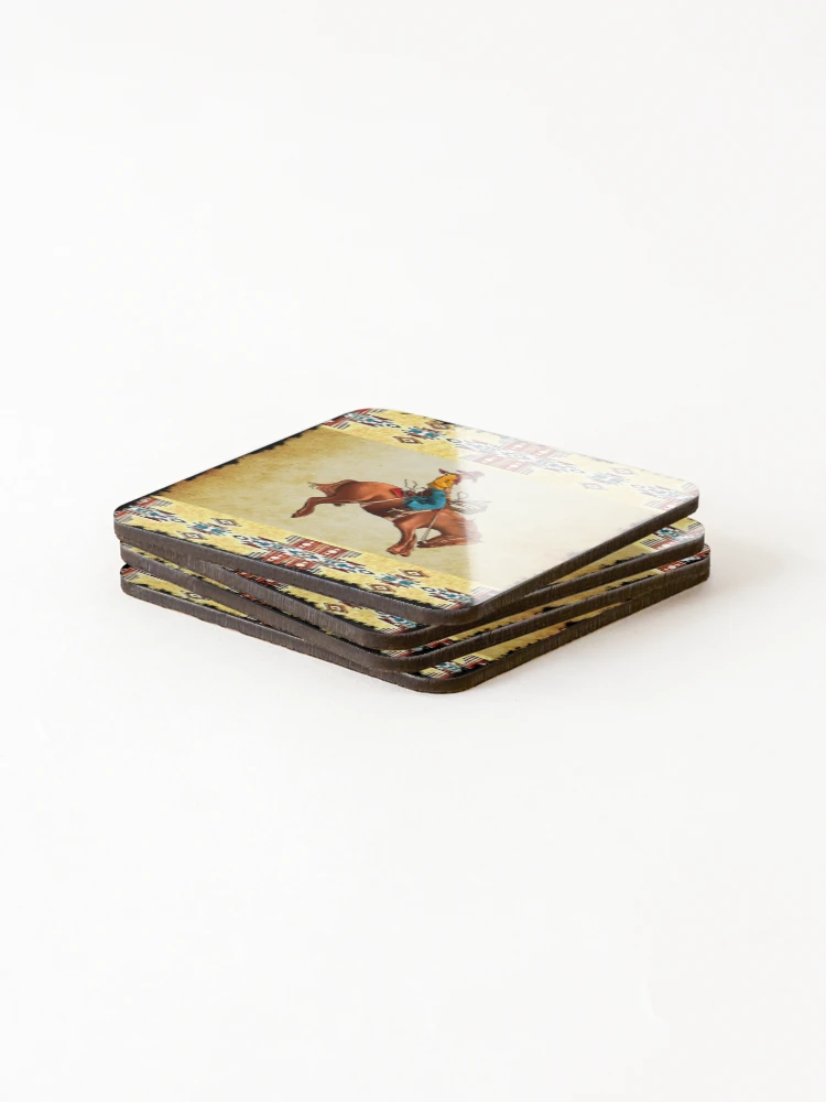 Thumbnail 4 of 5, Coasters (Set of 4), Bronc Rider With Aztec Pattern designed and sold by handsoftime2020.
