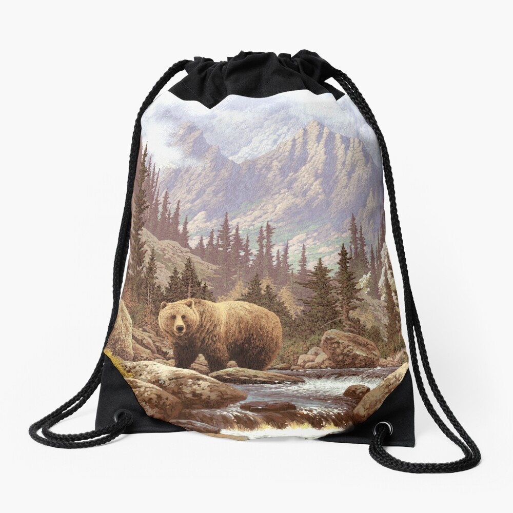 Grizzly Bear Landscape Drawstring Bag
